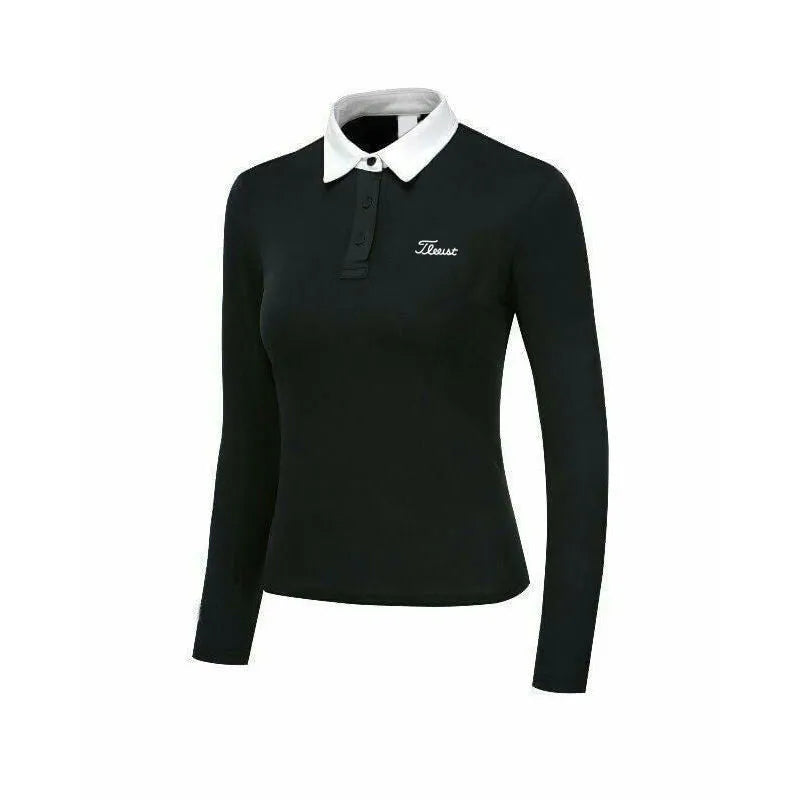 Women's white long sleeve polyester golf top for sun protection and outdoor activities