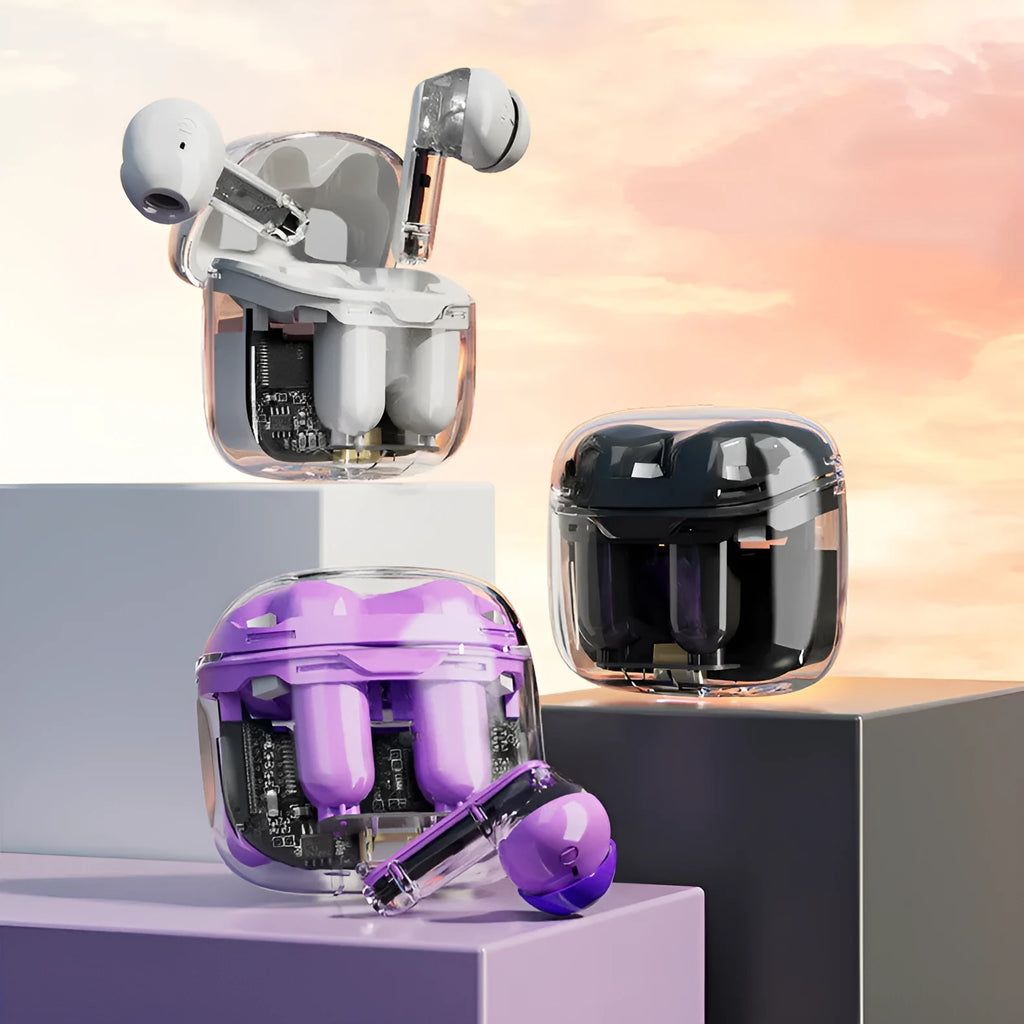 Transparent plastic wireless Bluetooth gaming headset in black, white, or purple colour.