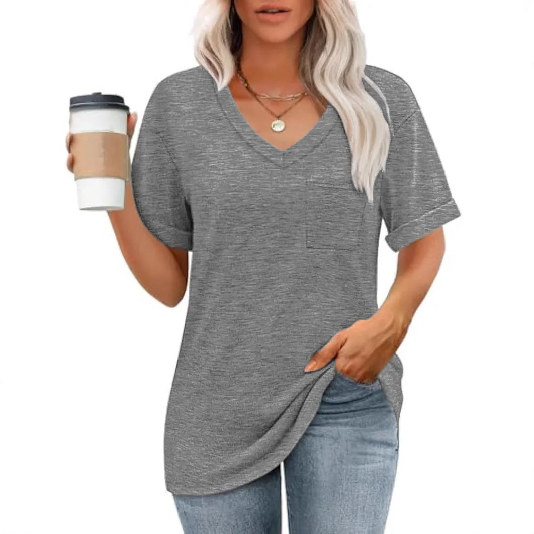 Grey loose fit V-neck T-shirt with pocket and short sleeves on hanger