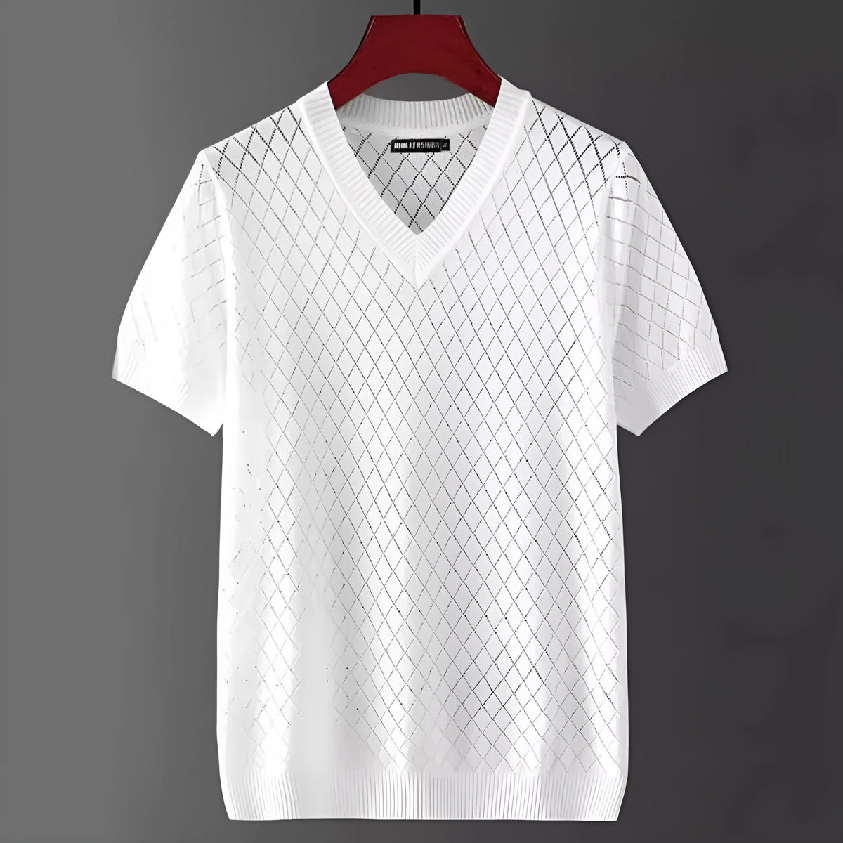 Men's black ice silk V-neck t-shirt with cut-out design on white background