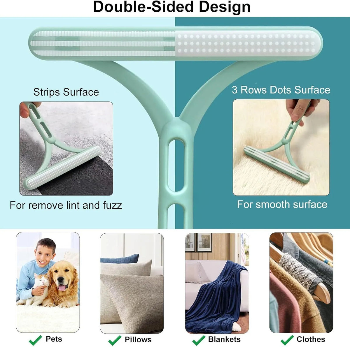 Three-piece pet hair remover set showing metal scraper, silicone lint brush, and round upholstery cleaner