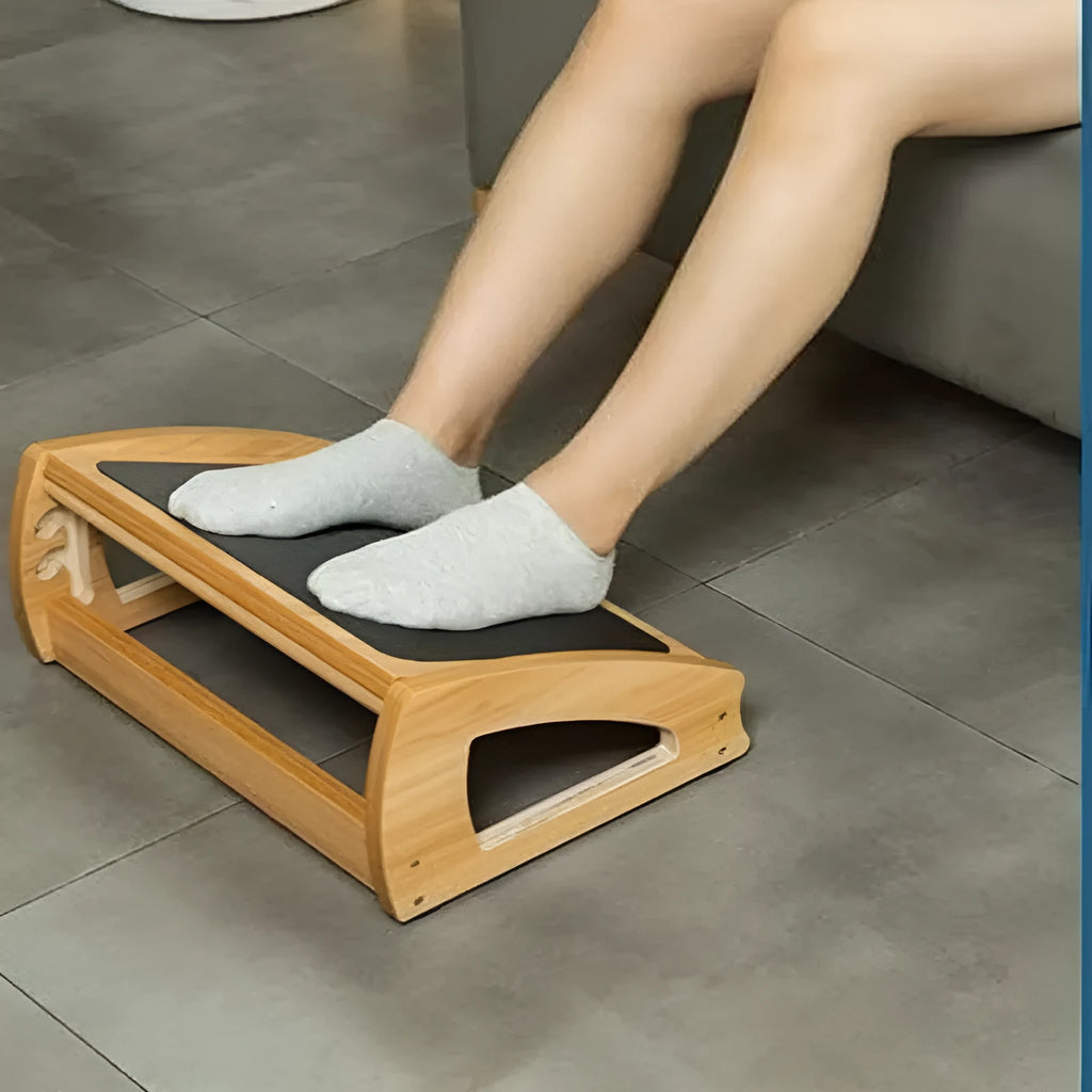 Wooden bamboo office desk footstool in natural wood colour with modern simple design