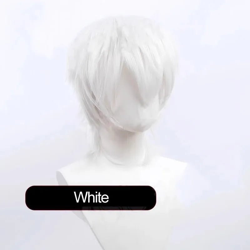 Short anime cosplay wig with a lengthened hair tail in high-temperature fibre.