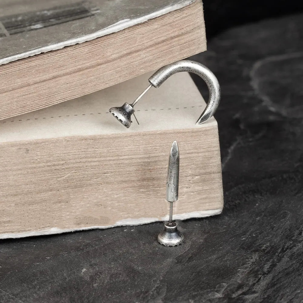 S925 sterling silver punk nail stud earrings on ear hook, straight and curved style options.