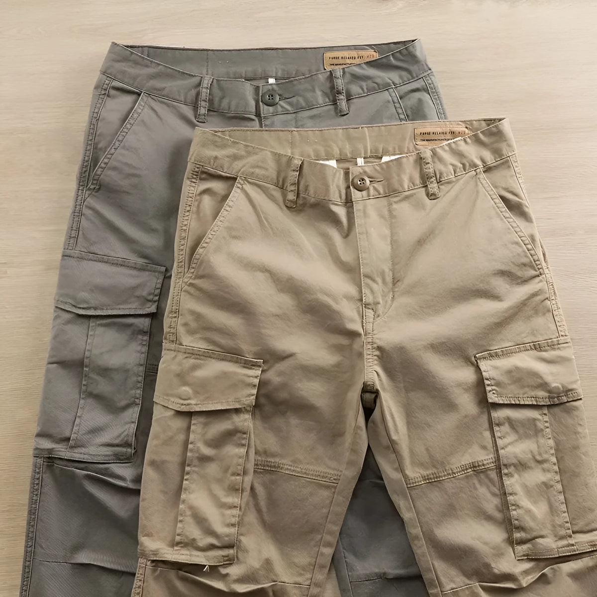 Men's cotton labour protection trousers with multiple pockets in khaki colour, cropped leg design