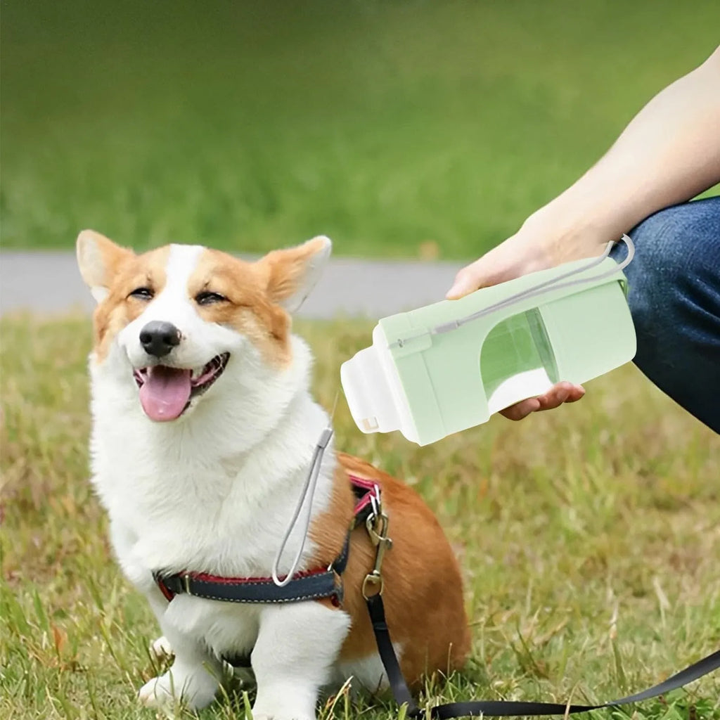 Grey 2-in-1 travel dog water bottle and food dispenser with lanyard attached, showing separate water and dry food compartments