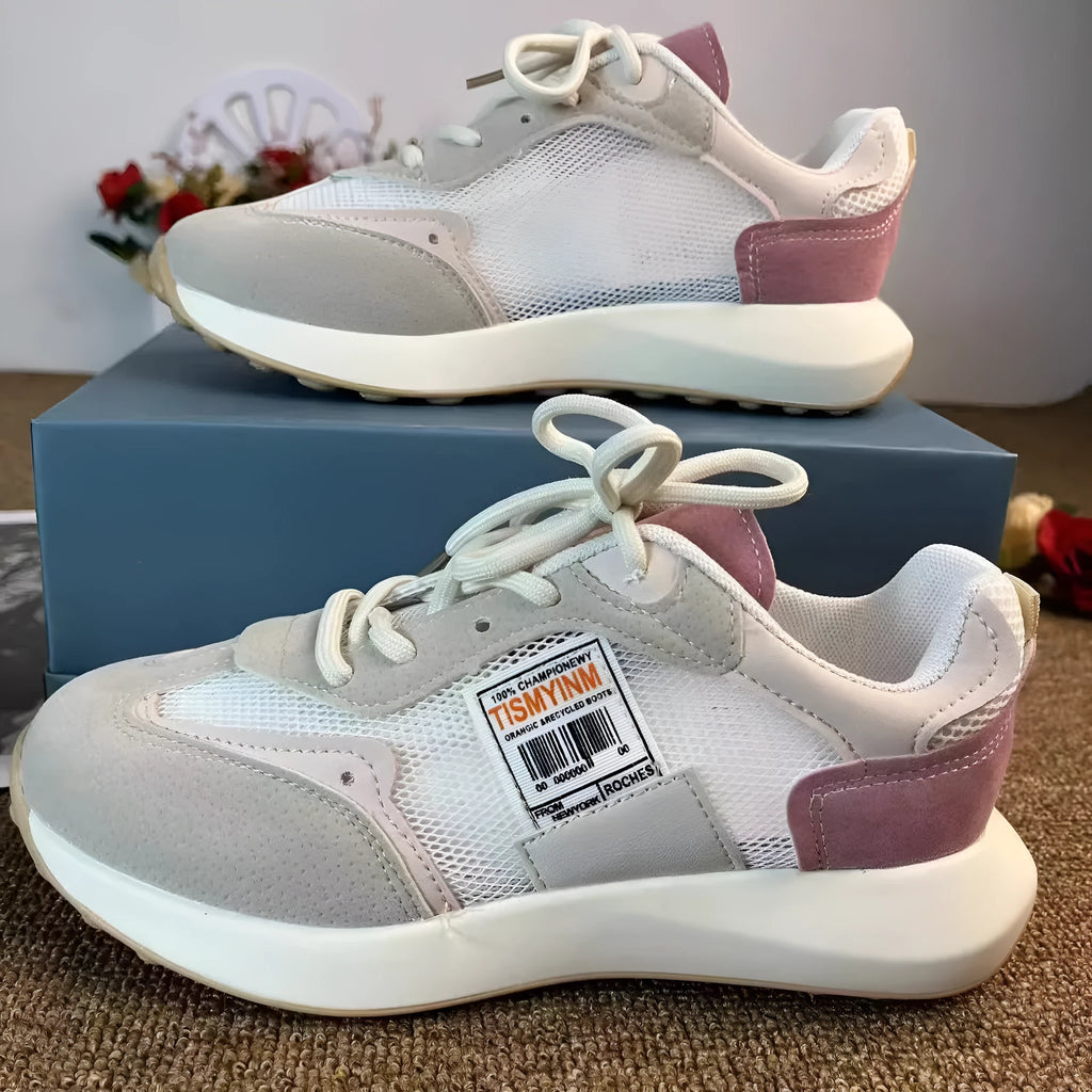 Women's grey and pink low-top retro sneakers with round toe and flat heel design
