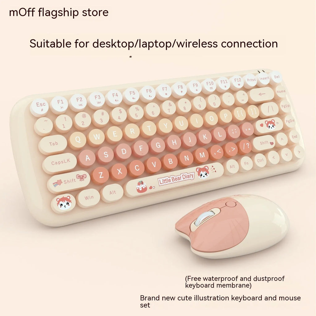Candy pink mini wireless keyboard and mouse set with USB receiver on a desk.