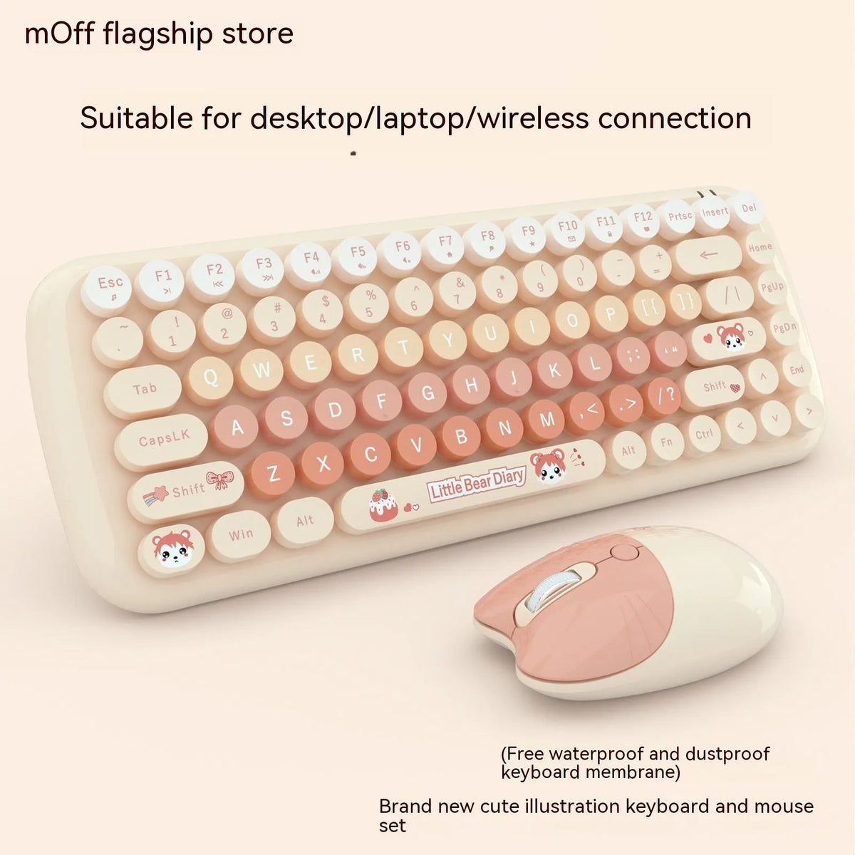 Candy pink mini wireless keyboard and mouse set with USB receiver on a desk.