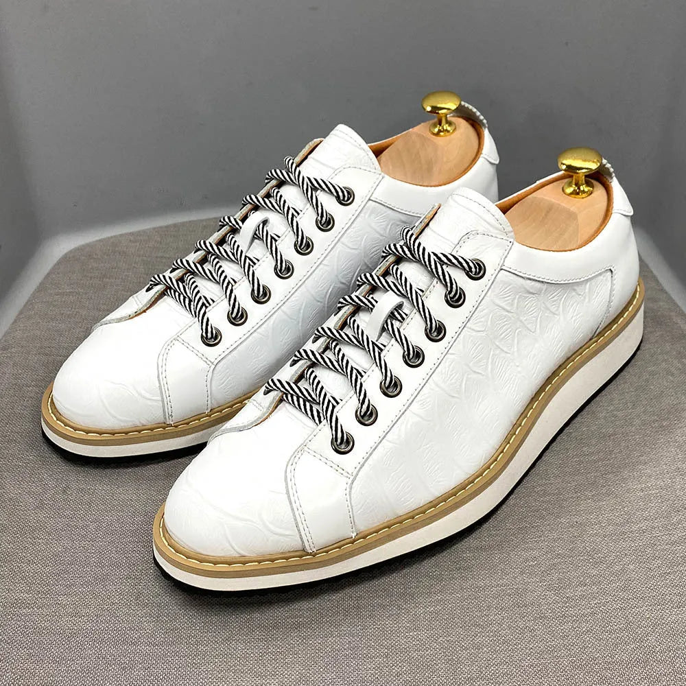 Men's handmade embossed fashion shoes with front tie closure in black, green, grey, or white.