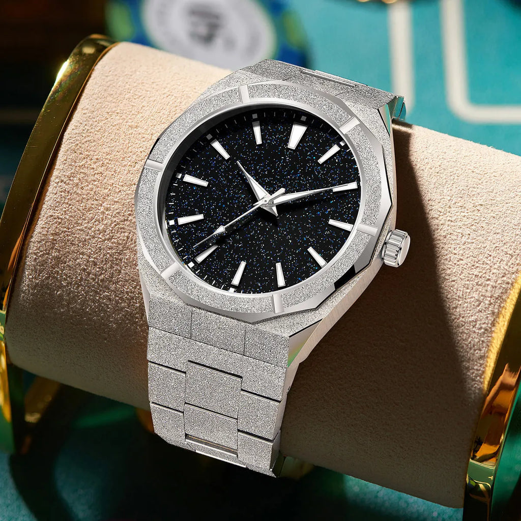 Business men's watch with frosted stainless steel case and luminous hands in silver, gold or black colour options