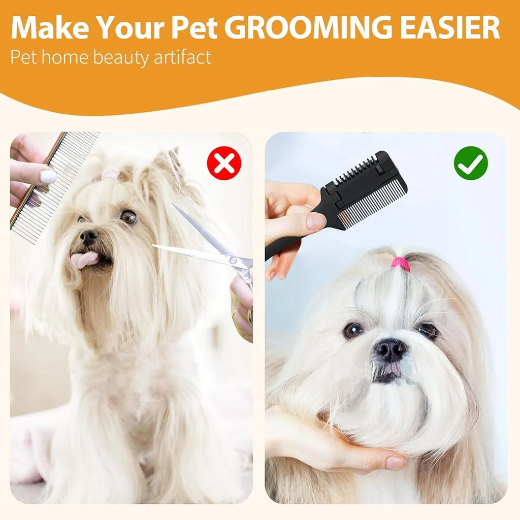2 in 1 pet grooming razor comb for dogs and cats with replaceable blades on a white background.