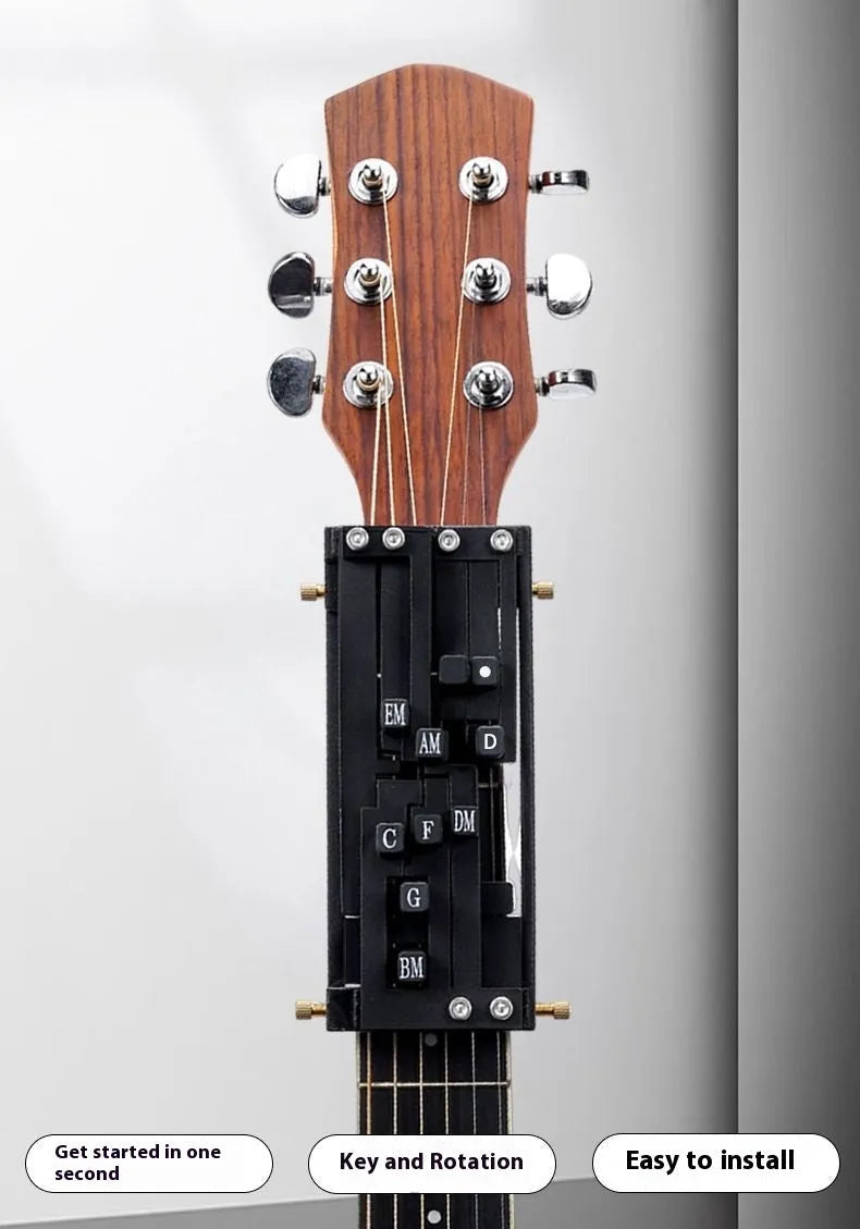 Black automatic guitar chord device for novice folk guitar playing and singing practice