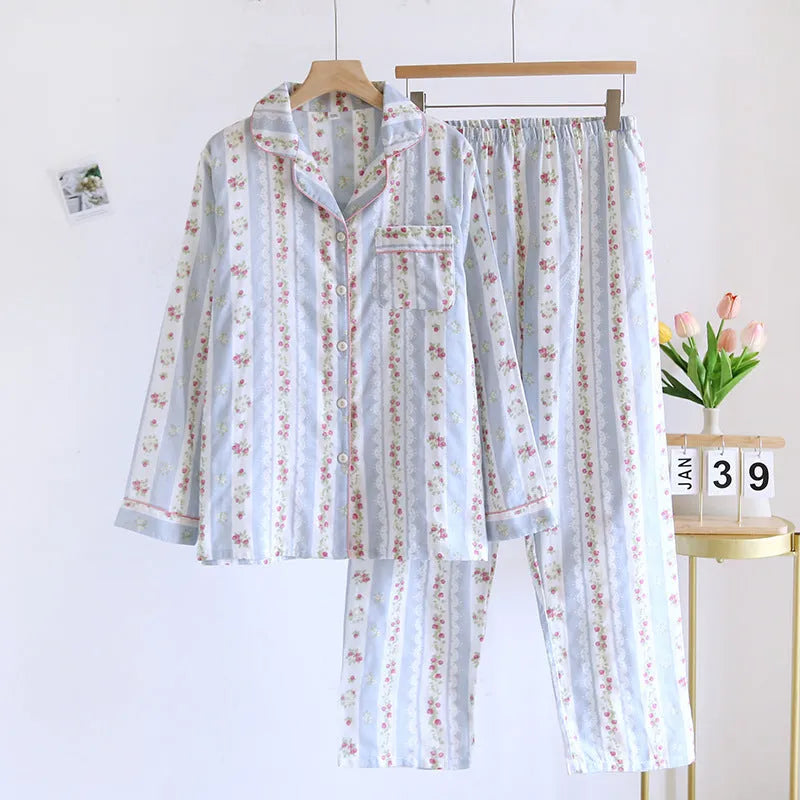 Women's cotton gauze long sleeve top and trousers homewear set in a stripes or fruit pattern.