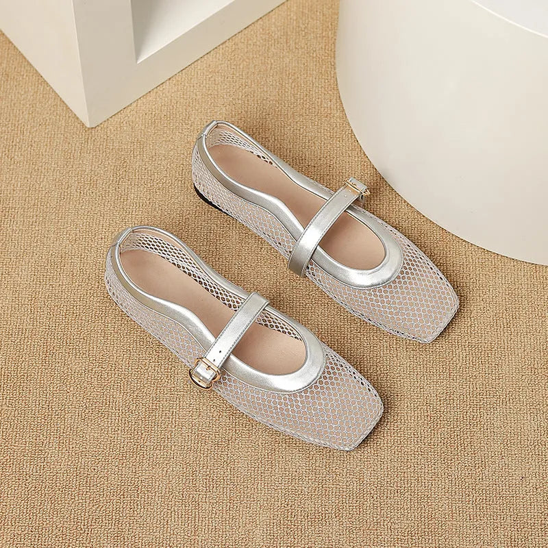 Women's beige mesh low-heel pumps with a square toe and silver buckle closure on a white background.