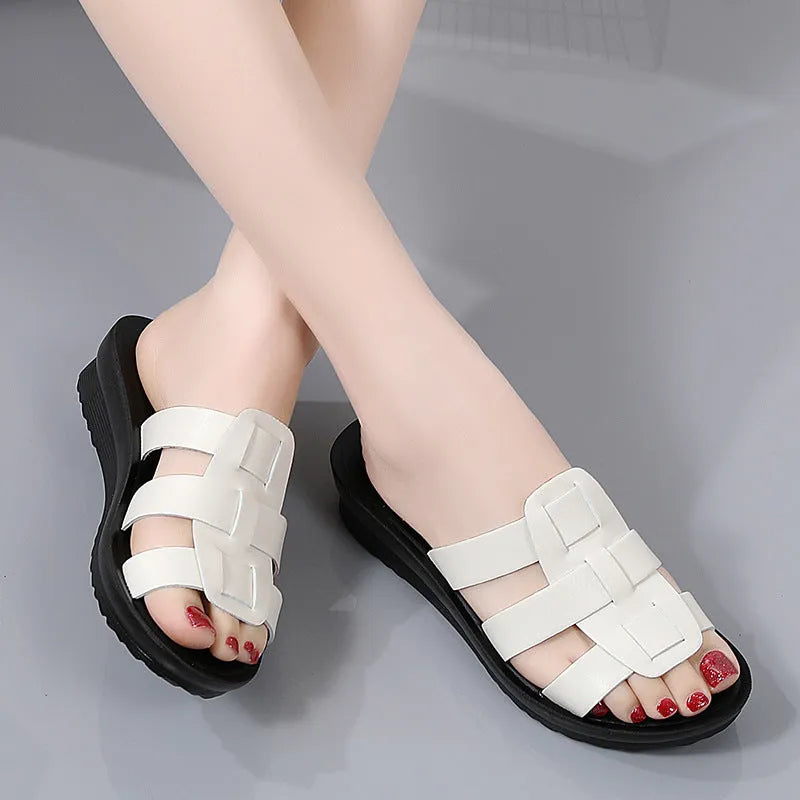 Beige large size women's flat slippers with viscose upper and non-slip PU sole.