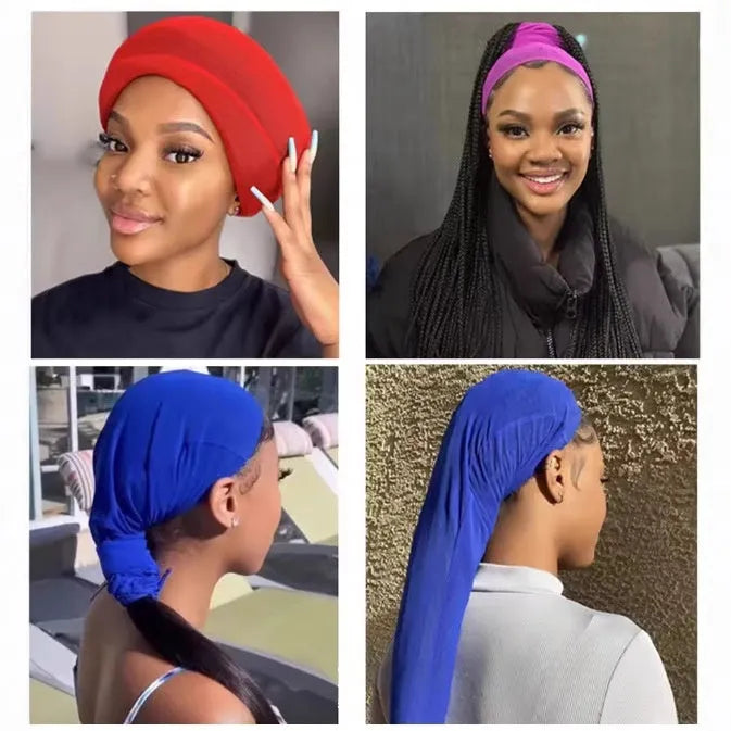 High elasticity Spandex mesh wig cap with oversleeve design shown in multiple colour options.