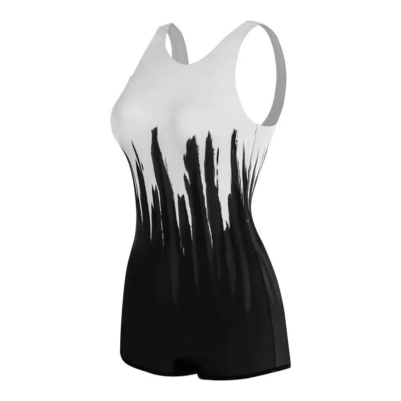 Conservative black one-piece swimsuit with printing pattern for ladies swimming and water sports