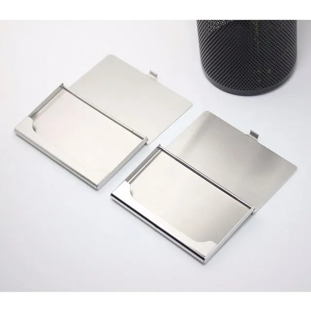 304 stainless steel business card case with geometric laser sculpture, horizontal format with middle mirror
