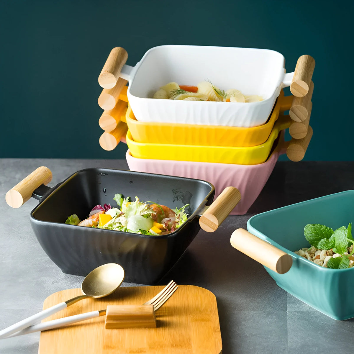 Irregular shaped ceramic bowl with matching lid in porcelain, shown in available colour options