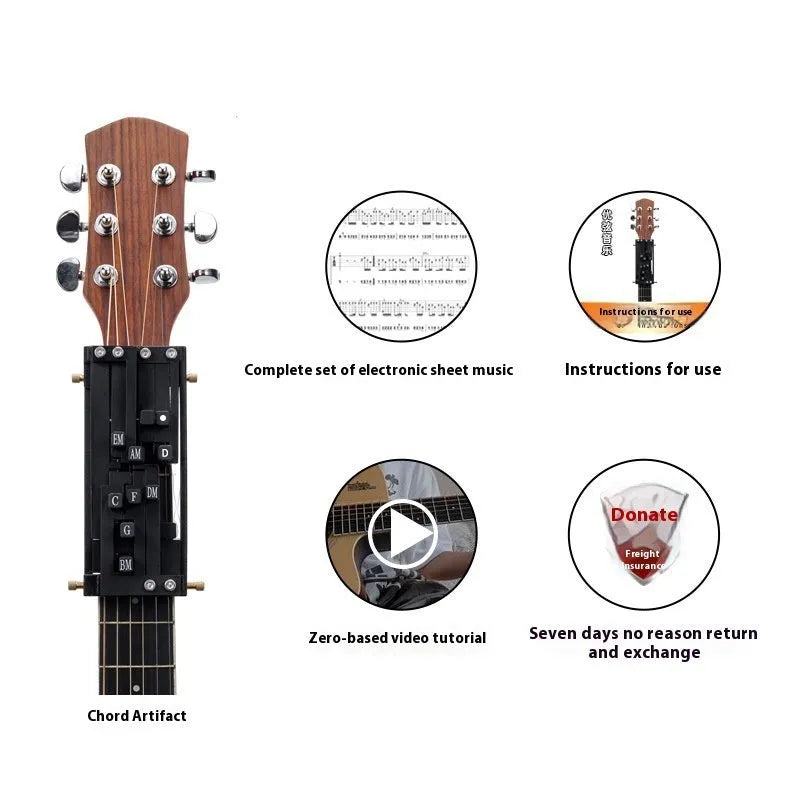 Black automatic guitar chord device for novice folk guitar playing and singing practice
