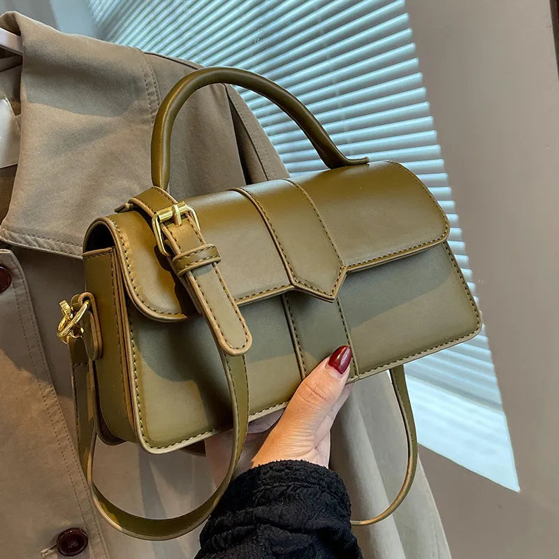 Women's beige PU messenger bag showing front view with sandwich pocket, 22cm width, and handle.