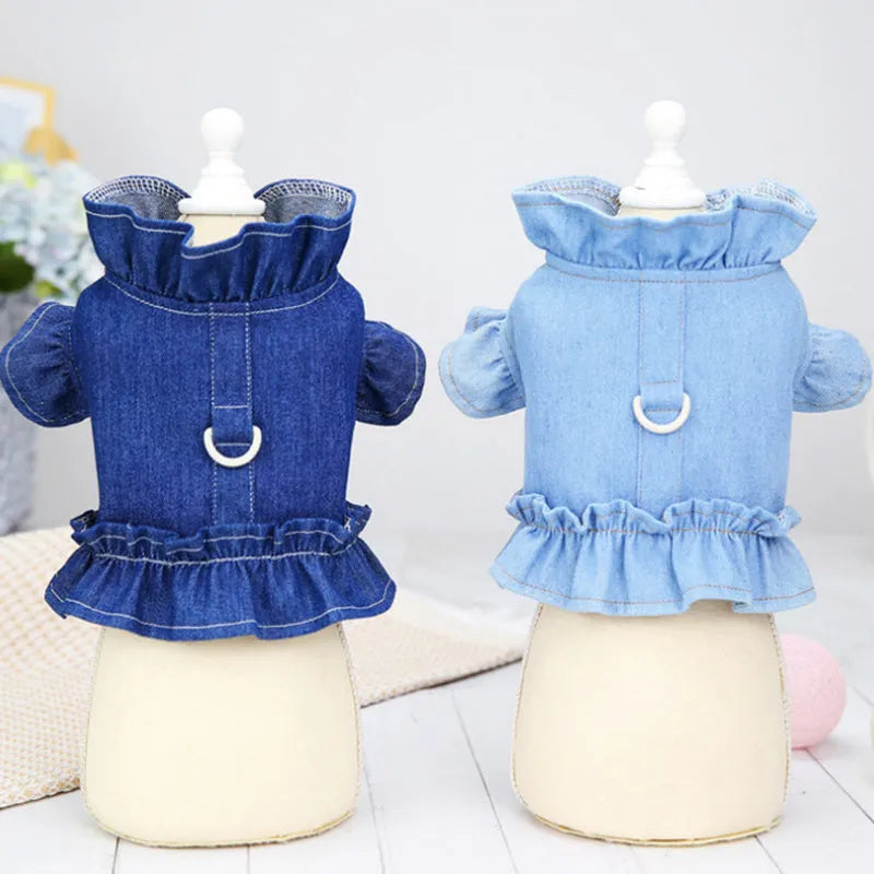 Blue denim pet dress with ruffled vest design for dogs and cats showing chest and back coverage