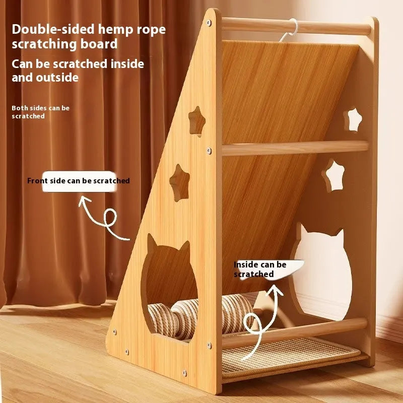 Vertical wall-mounted cat scratch board with sisal surface and hanging teasing ball