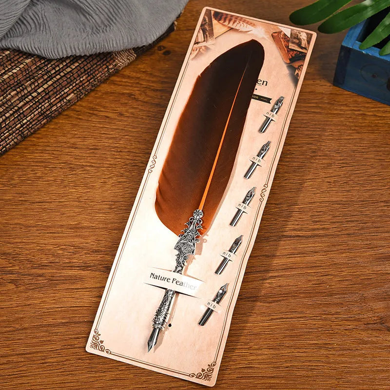 Vintage zinc alloy feather dip pen in retro style measuring 30 cm long