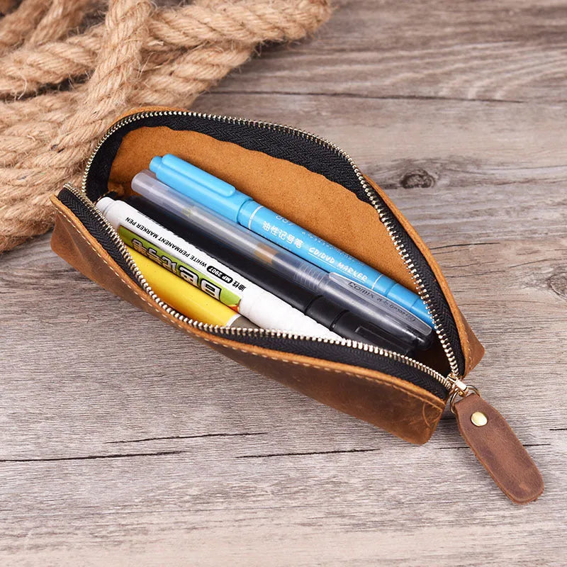 Genuine cowhide leather handmade square storage case with zipper in black colour