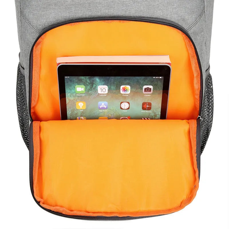 Large black Oxford cloth outdoor backpack with curved shoulder straps, shown open to reveal compartments.