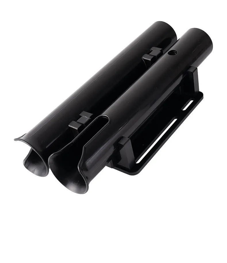 Black plastic double-layer fishing rod rack clamp mounted on a motorcycle carbon pipe frame