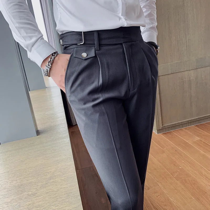 Straight-leg casual trousers in solid colour on a hanger, showing the classic cut and polyester fabric.