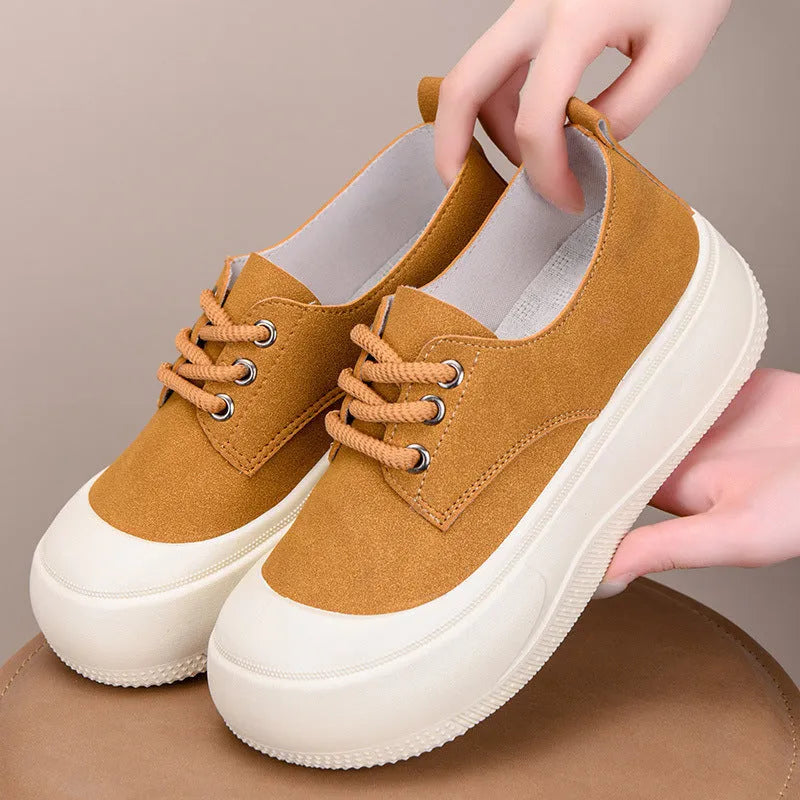 Women's suede platform loafers with 4CM height increase, round toe, and rubber sole in beige, black, and camel colours.