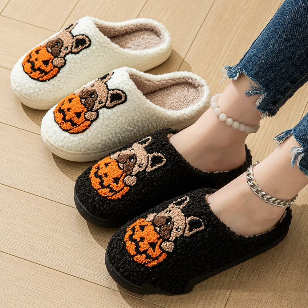 Halloween pumpkin pattern plush slippers with non-slip TPR soles in black and white colours