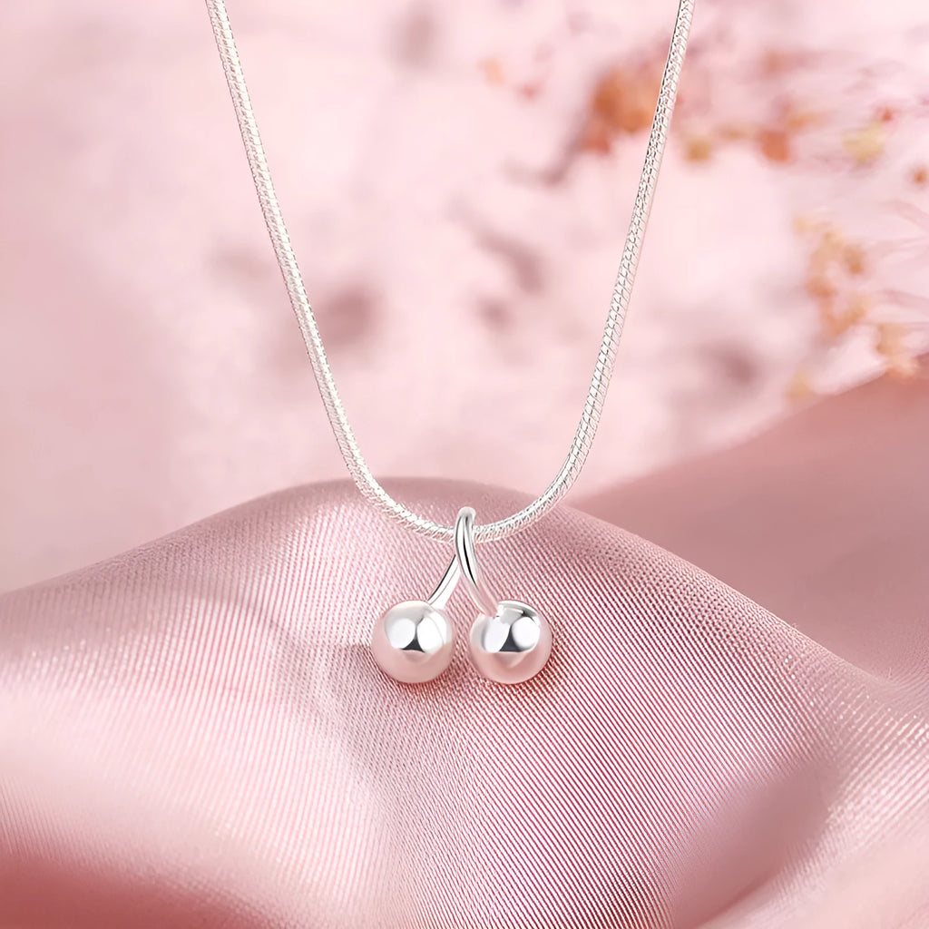 S925 sterling silver cherry necklace with adjustable snake bone chain for women