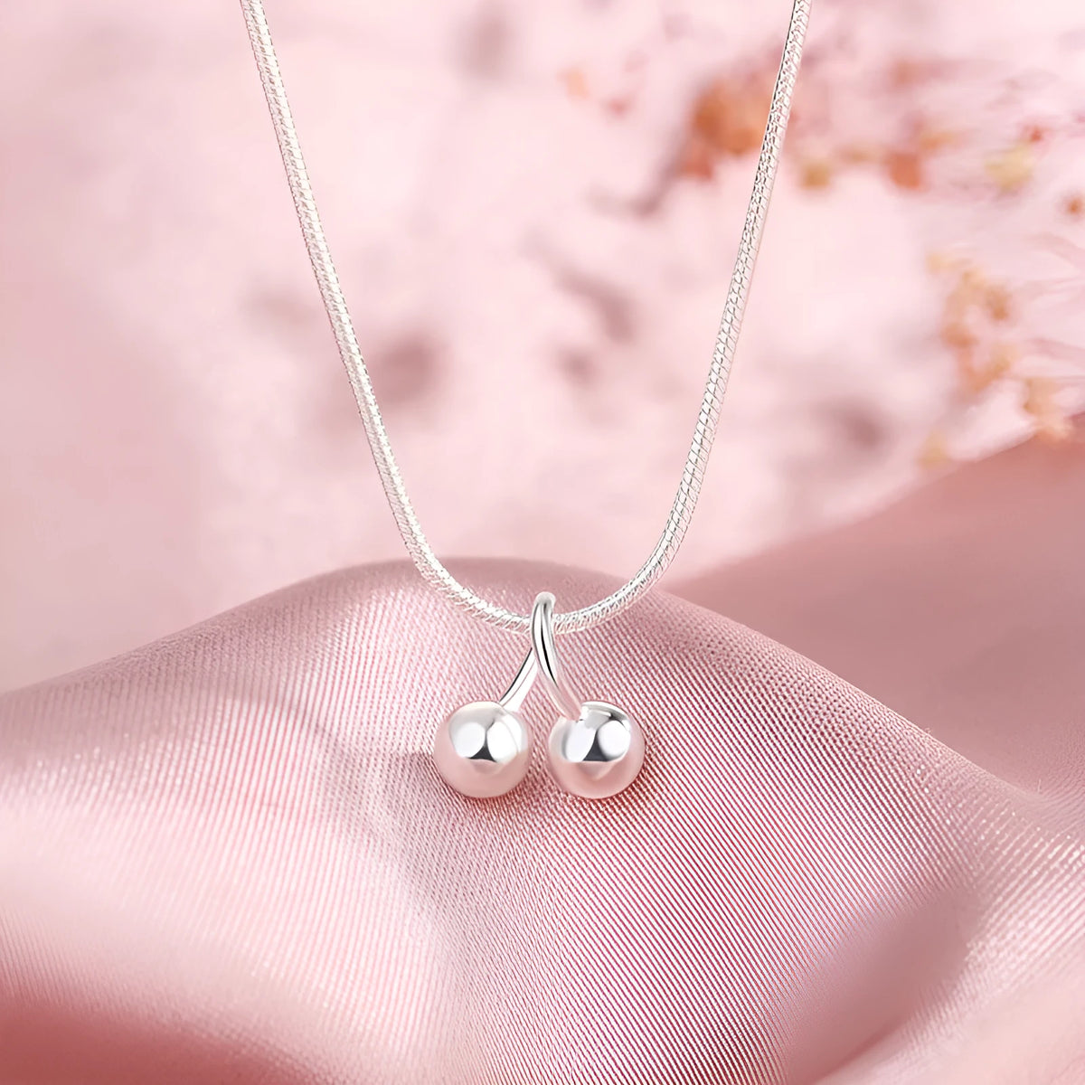 S925 sterling silver cherry necklace with adjustable snake bone chain for women