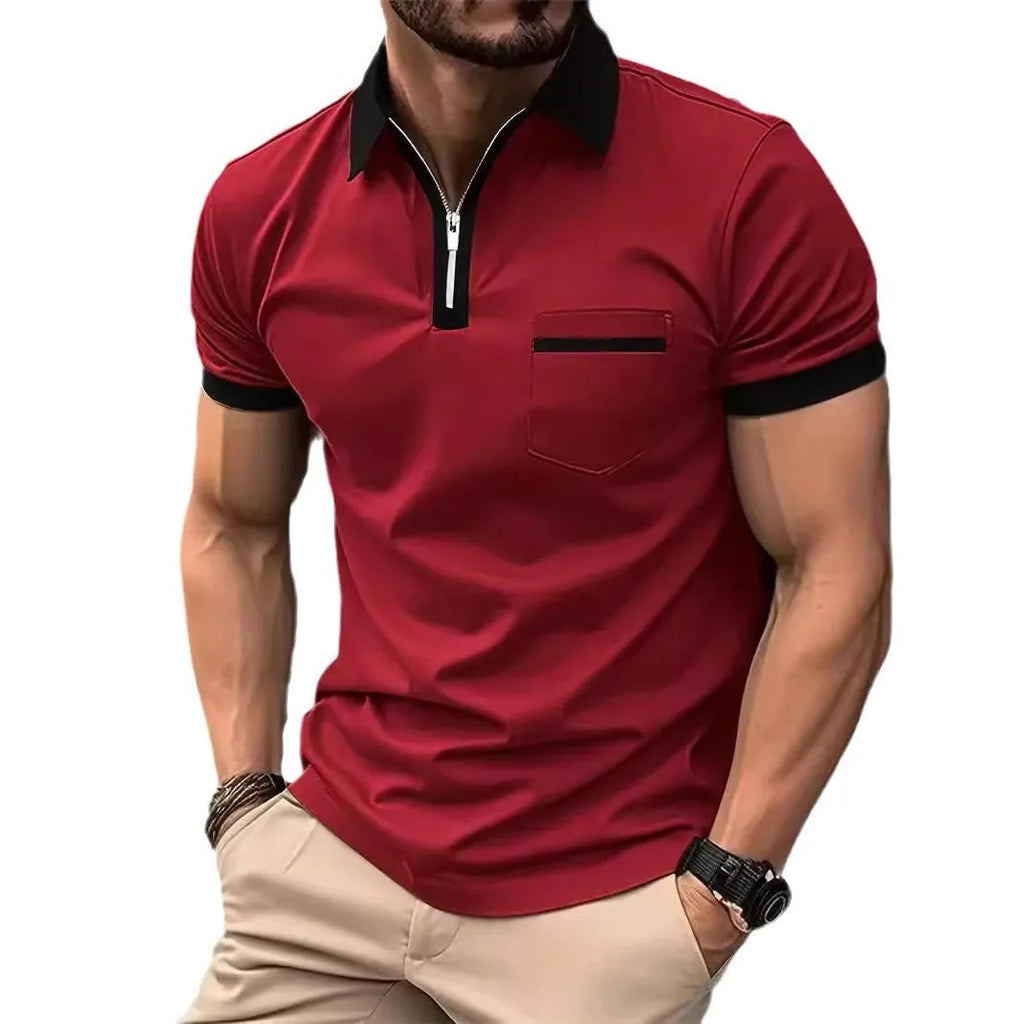 Men's loose fit short sleeve casual shirt with chest pocket and front zipper decoration.