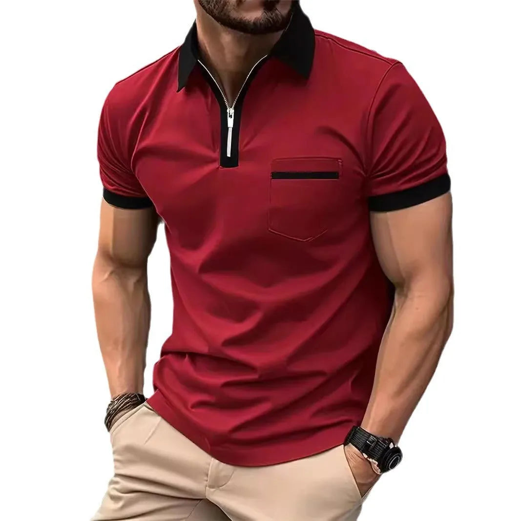 Men's loose fit short sleeve casual shirt with chest pocket and front zipper decoration.