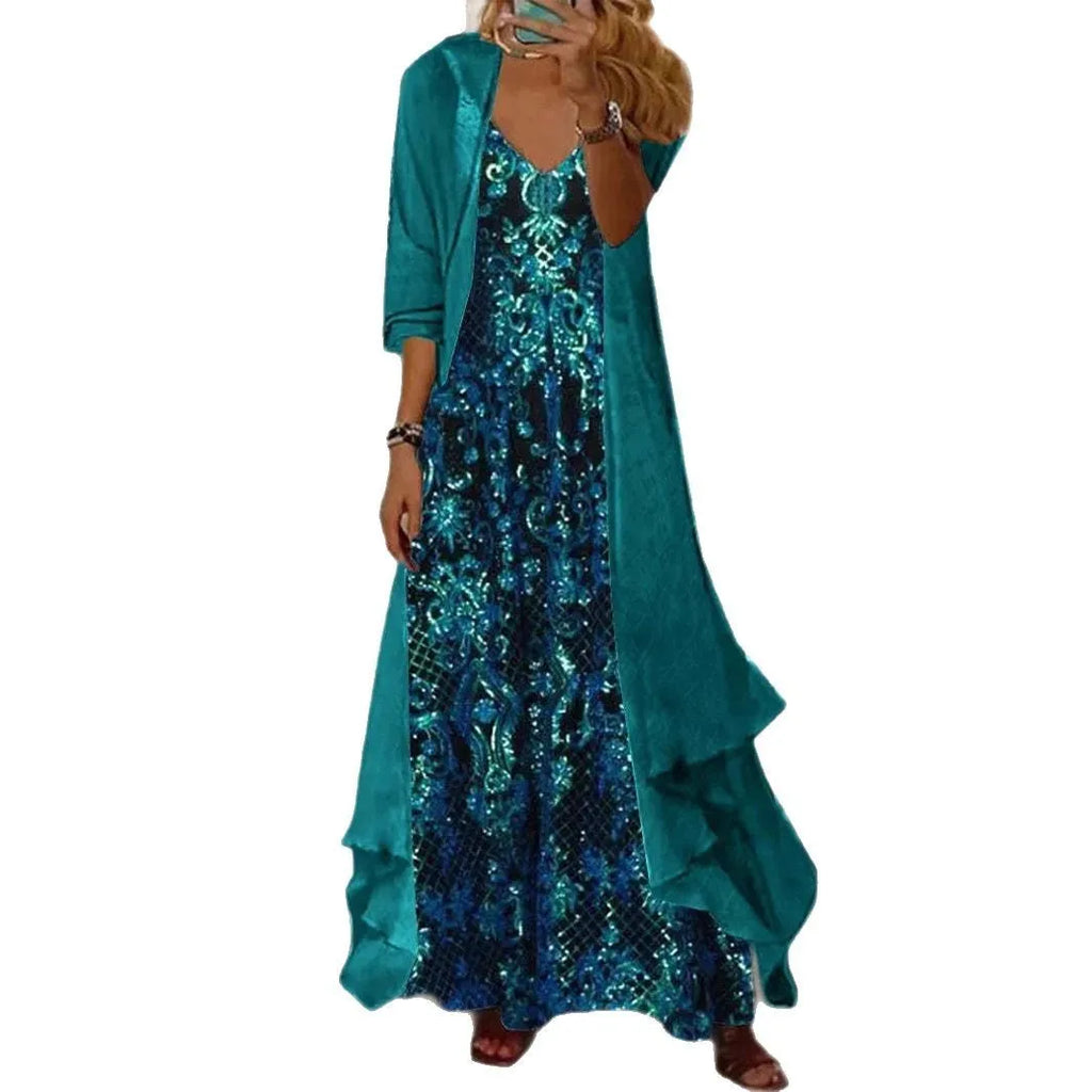 Plus size women's blue V-neck strap top and long skirt set with crocheted flowers and 3D effect