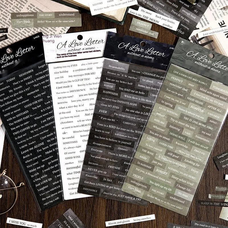 Japanese paper adhesive stickers with printed English quotations measuring 90mm by 175mm in four colour variations