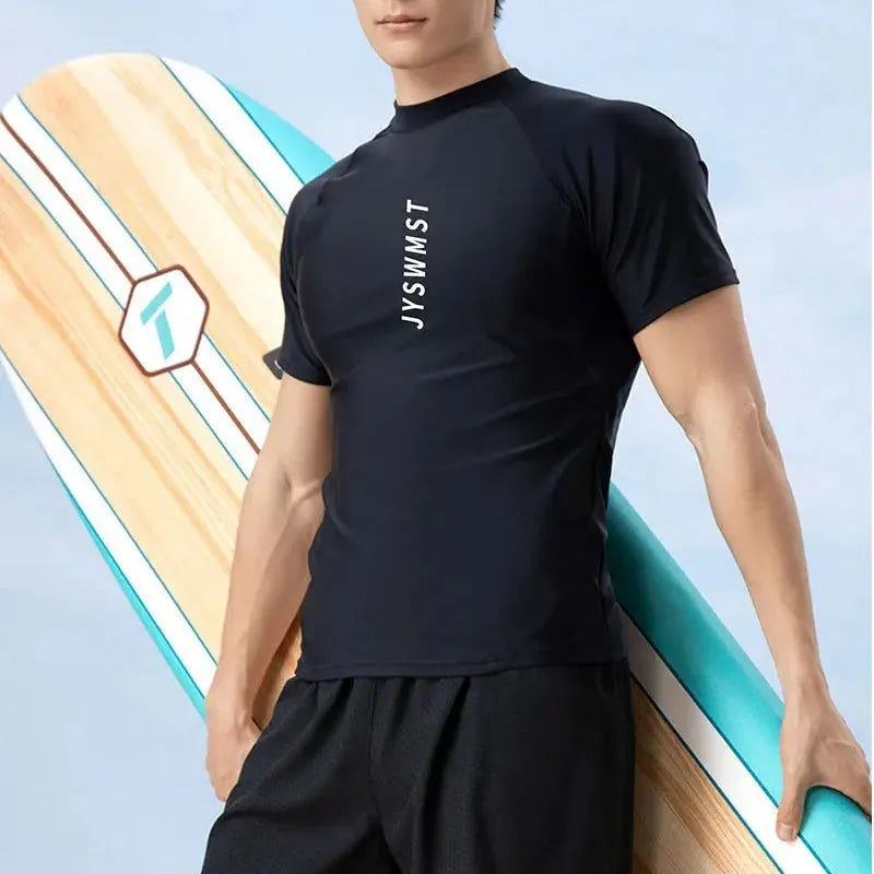 Men's patterned polyester swimsuit two-piece set showing top and pants components