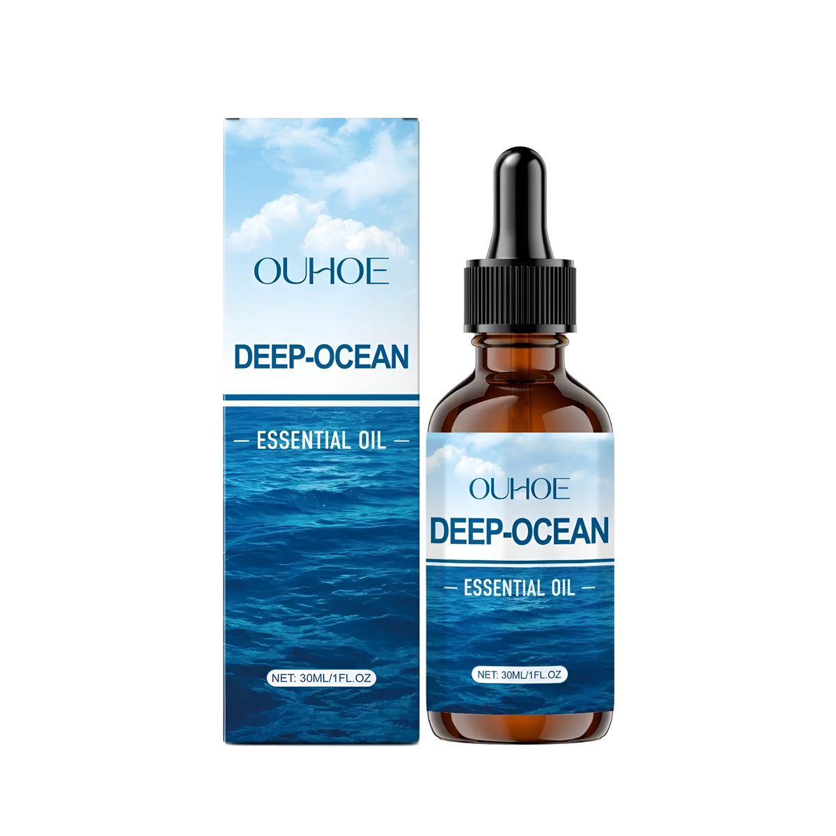 30ml bottle of Deep-Ocean Essential Oil with ingredients glycerin, vitamin E, and grape seed oil.