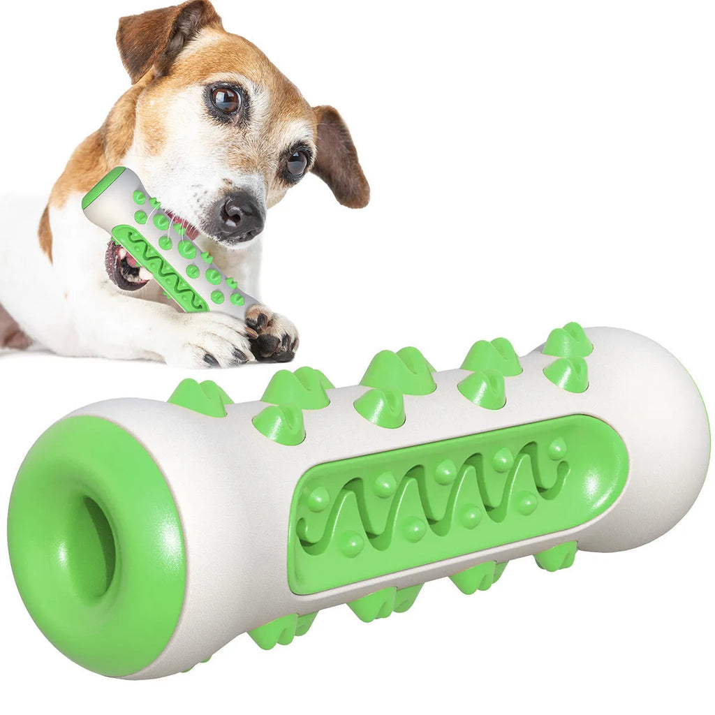 Natural rubber dog toothbrush chew toy in blue colour for dental cleaning, measuring 15cm long.