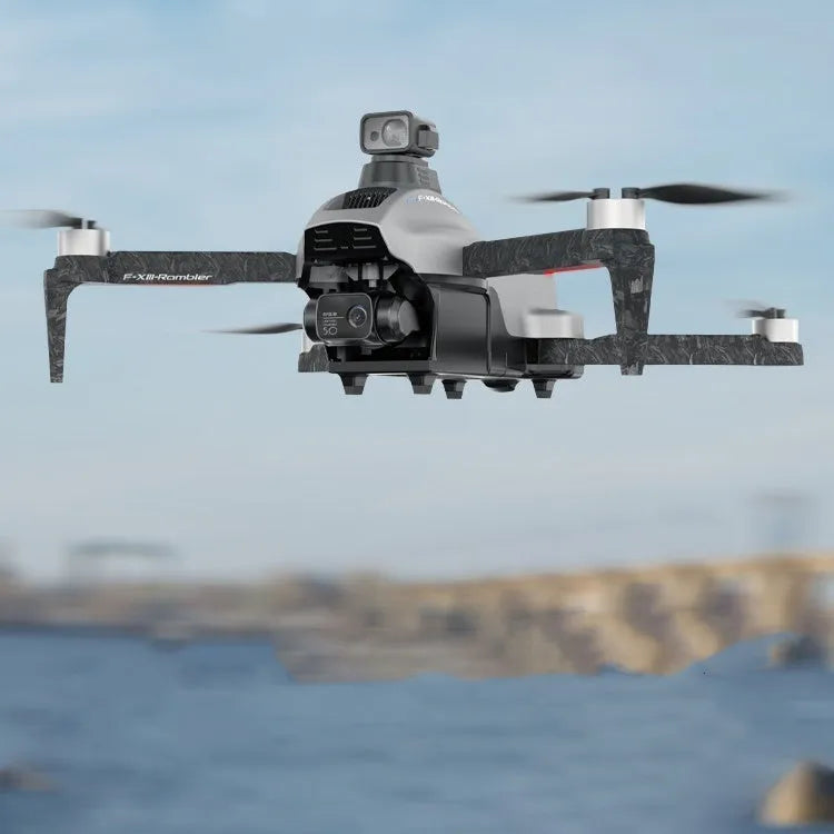 White folding quadcopter drone with camera, remote control, batteries, and shoulder bag