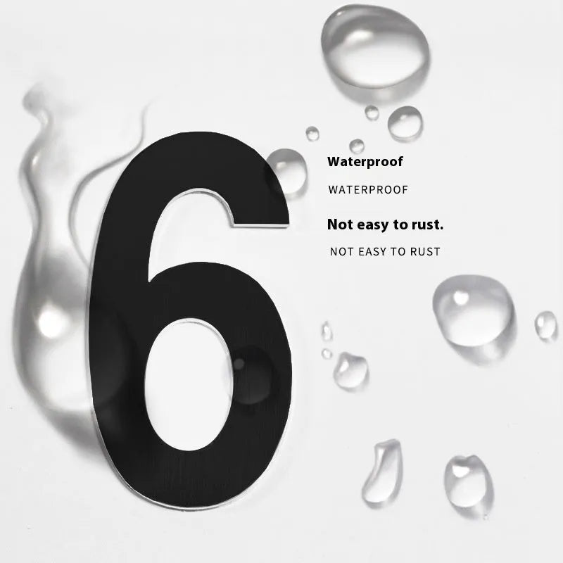 Black stainless steel adhesive house numbers and letters A-F and 0-9 on a white background.