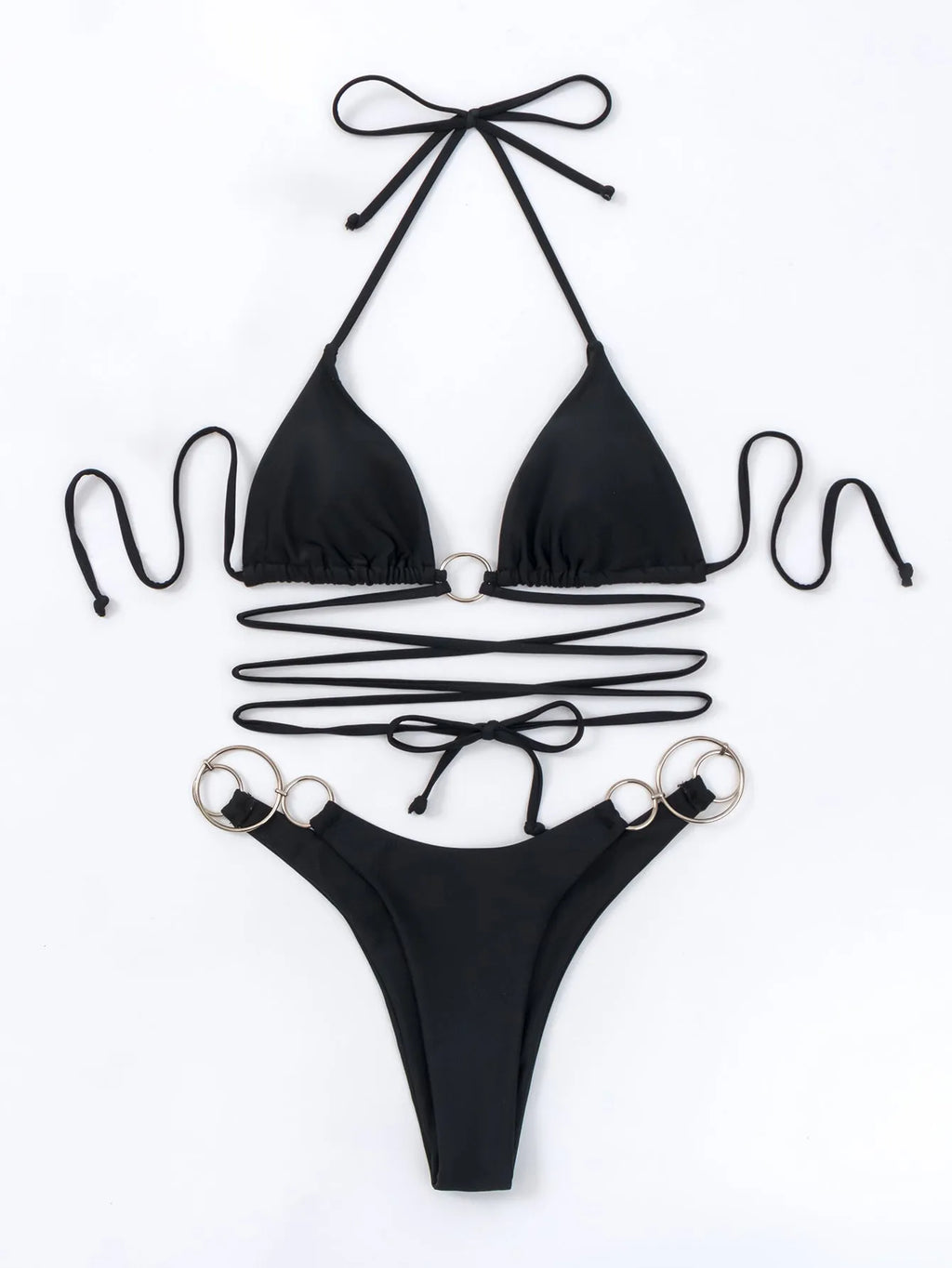 Black women's bikini set with metal ring straps and split-style panties for swimming
