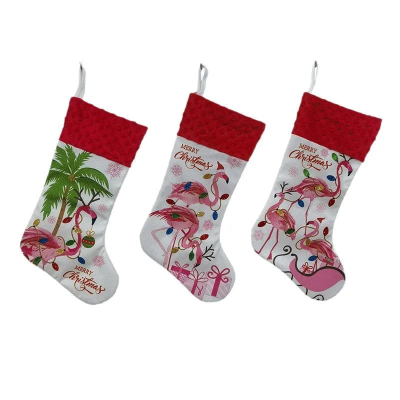 Flamingo Christmas stocking with decorative pendant measuring 46 by 28 centimetres