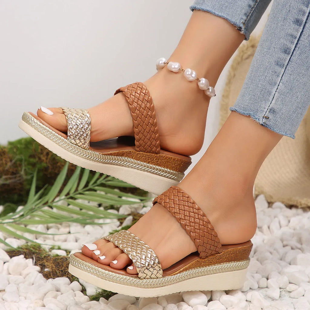 Gold and silver plus size wedge sandals for women available in sizes UK 36 to 43