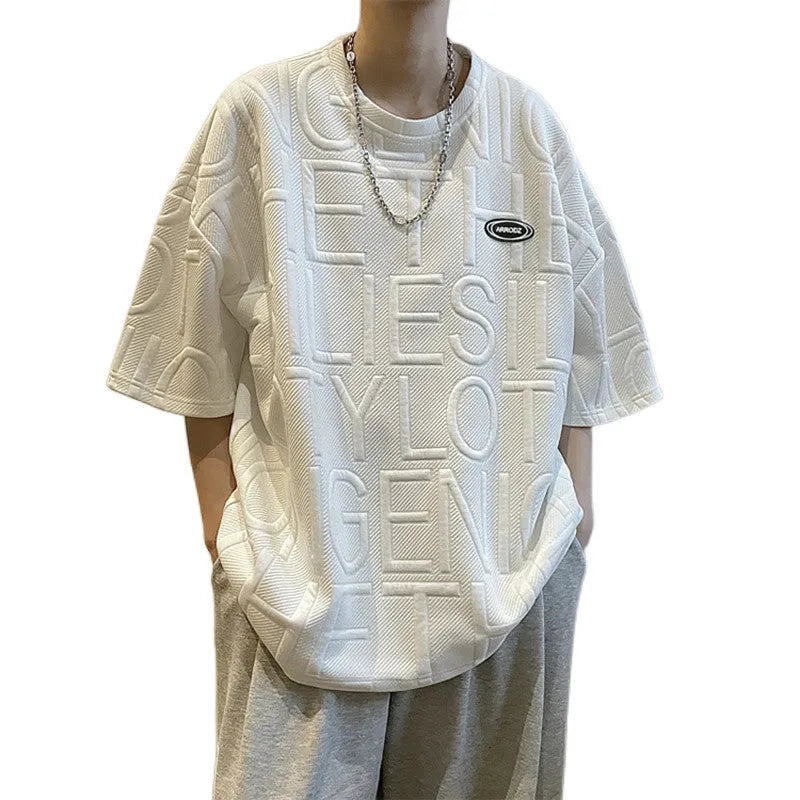 Men's grey T-shirt with three-dimensional letter design in retro loose fit short sleeve style
